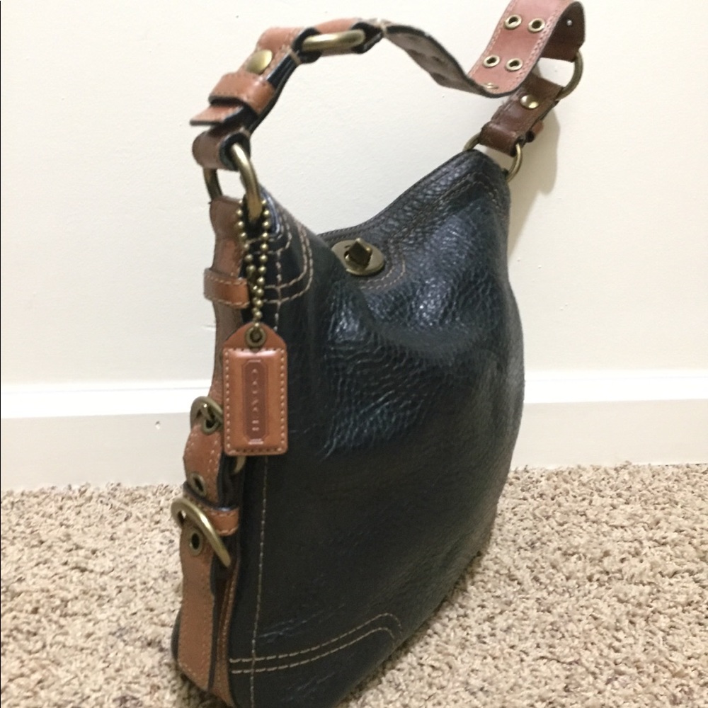 COACH black/brown leather handbag, bronze hardware